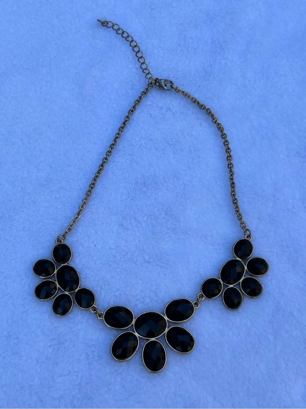 Black Faceted Stone Gold Tone Statement Bib Necklace Floral Cluster